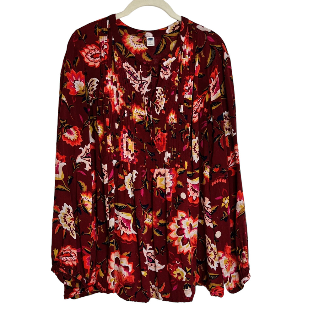 Old Navy Womens Peasant Blouse XL Burnt Orange Floral Pintucked Ties at Neck